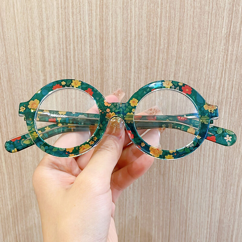 Kristie Round Green Flower Glasses