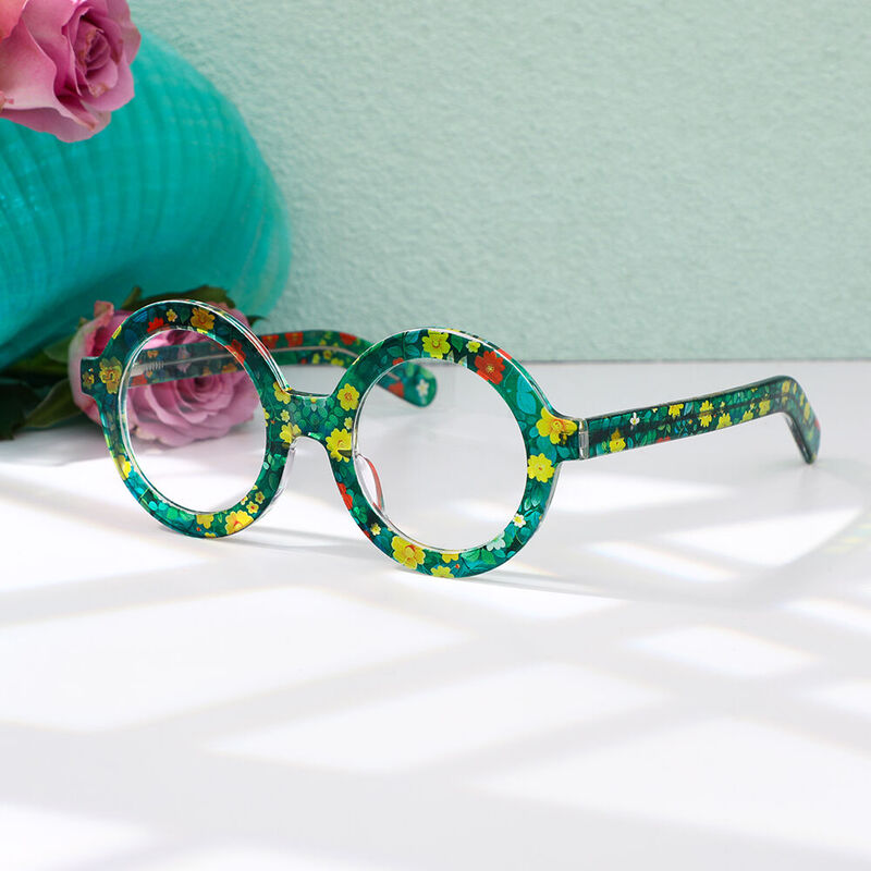 Kristie Round Green Flower Glasses