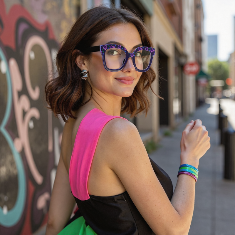 Cynthia Square Purple Floral Glasses