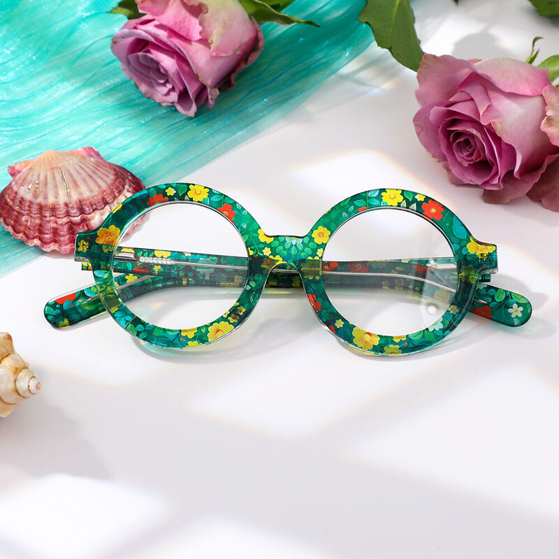 Kristie Round Green Flower Glasses