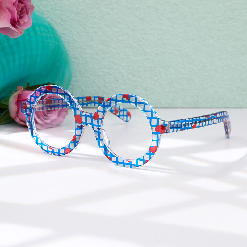 Kristie Round Blue Grid Glasses